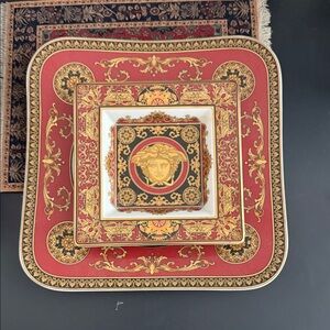 Versace Red and Gold Ornate Square Plate Set Medusa Collection Vintage